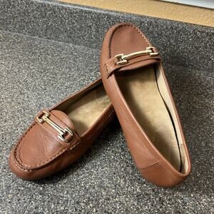 Vionic Tan Leather Flats Shoe Womens Sz 9 Horsebit Slip On Comfort Casual Loafer